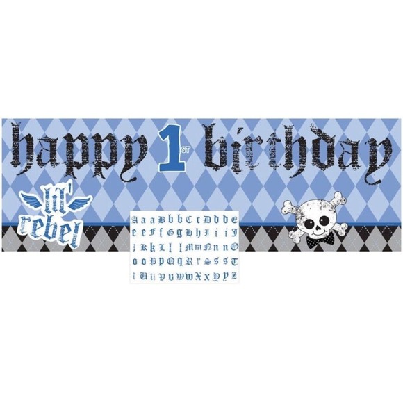 First Rebel Blue Boy Argyle Skull 1st Birthday Decoration 60” Giant Party Banner - Picture 1 of 3